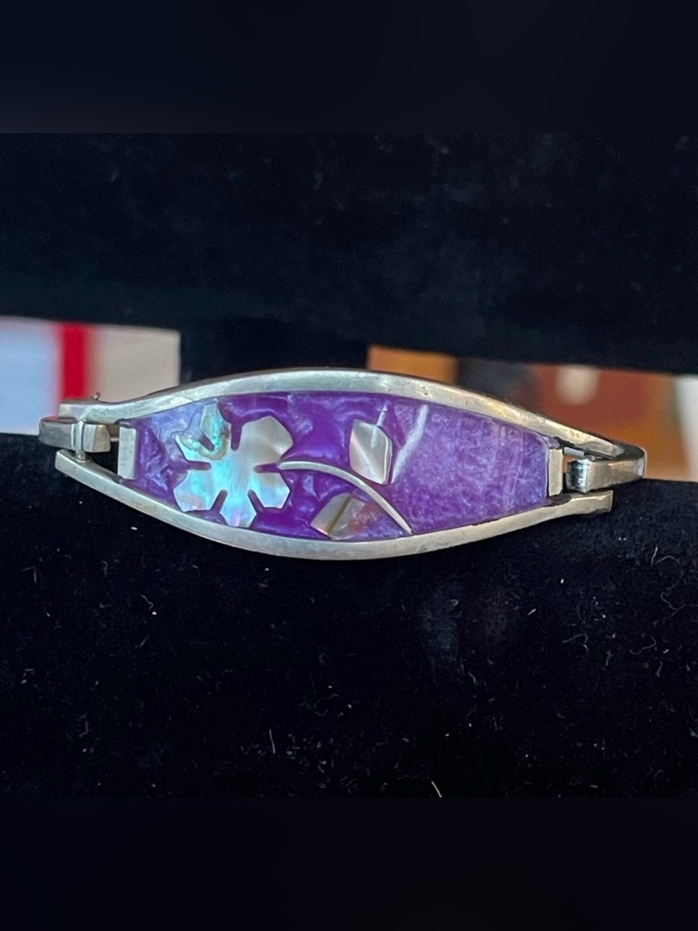 Vintage Enamel Abalone Signed Alpaca Mexico Cuff Bracelet